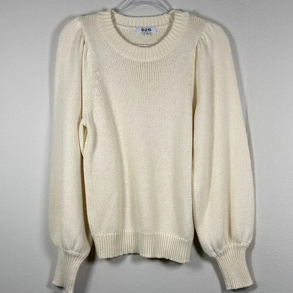 525 America Ivory Cotton Puff Sleeve Sweater Knit Pullover Cozy Chic Size M - Picture 4 of 8